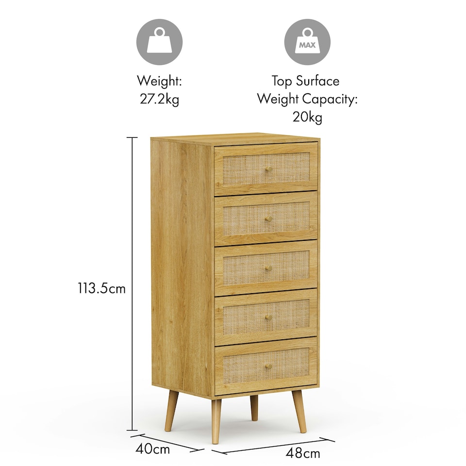 image 1 of VonHaus Rattan Tall Chest of Drawers with 5 Drawers Brown