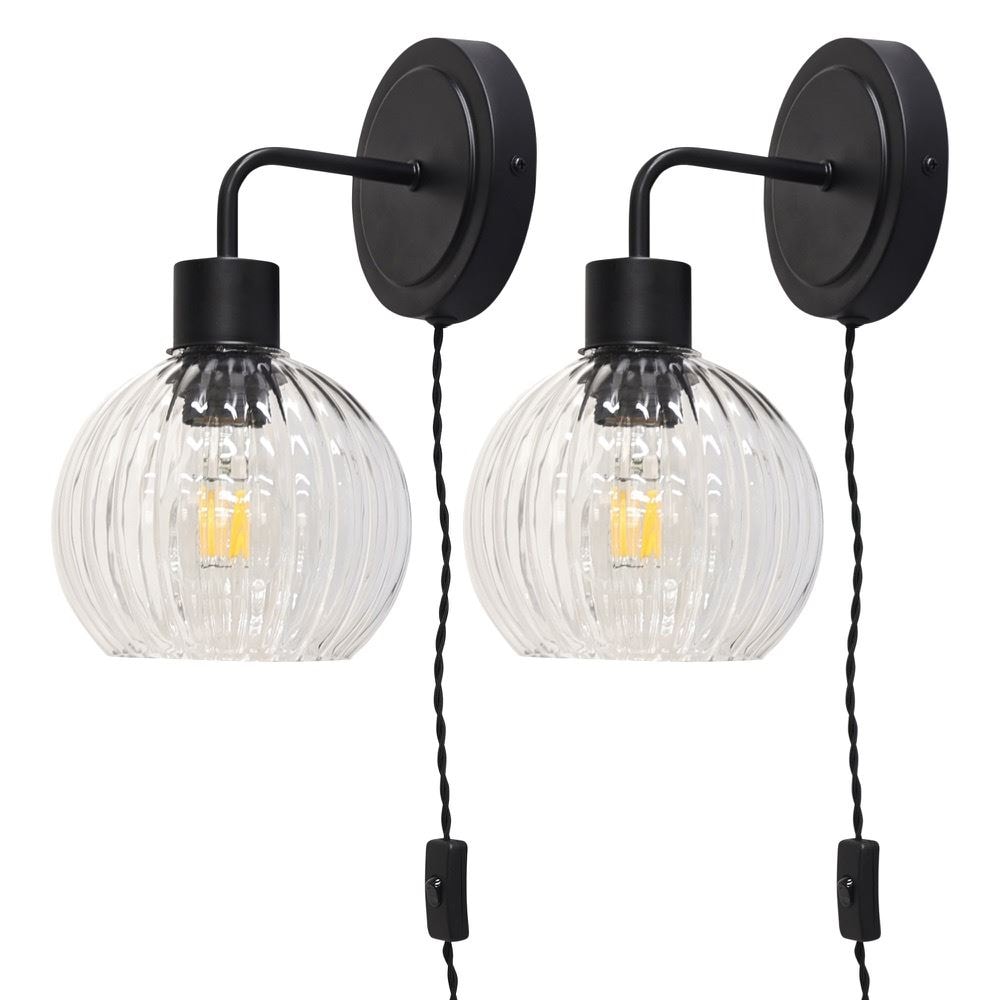 First Choice Lighting Set of 2 Toby - Black Plug in Wall Lights Clear Ribbed Shades