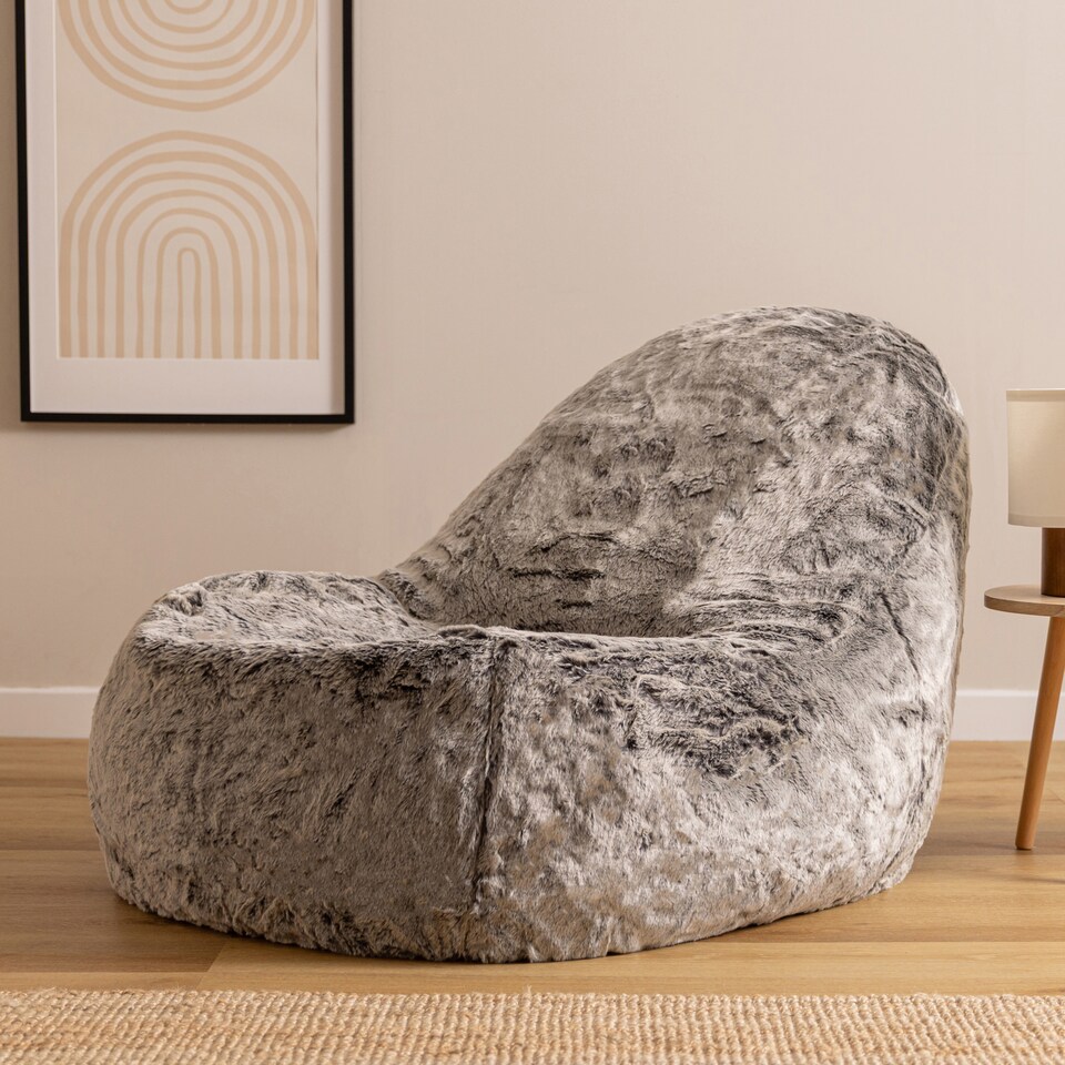 image 1 of icon Kenai Faux Fur Bean Bag Lounger Arctic Wolf Grey Giant Bean Bag Chair
