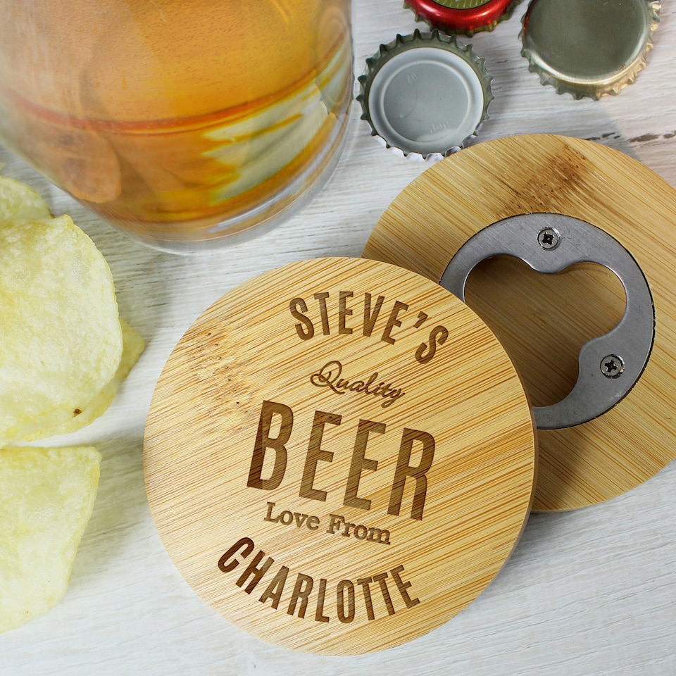 image 1 of Personalised Free Text Bamboo Bottle Opener Coaster