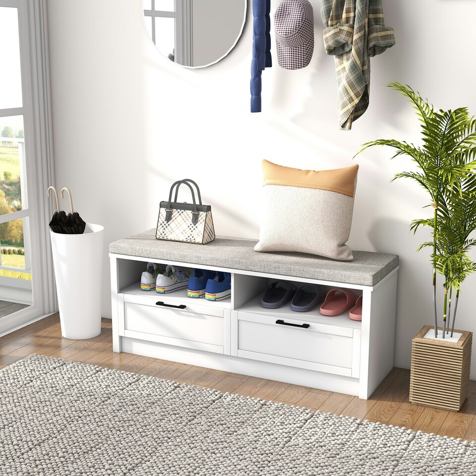 image 1 of HOMCOM Shoe Bench with Removable Cushion, Open Compartments White