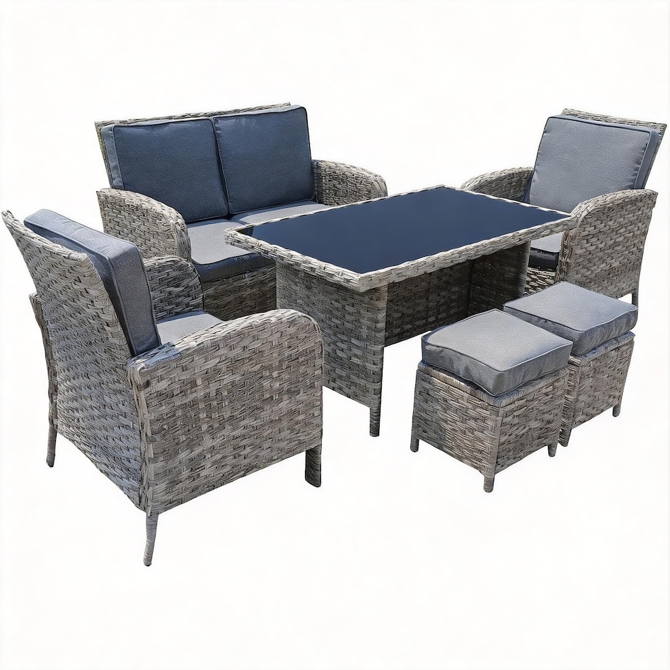 image 1 of 6 Piece Rattan Garden Furniture Set with Tempered Glass Top Table