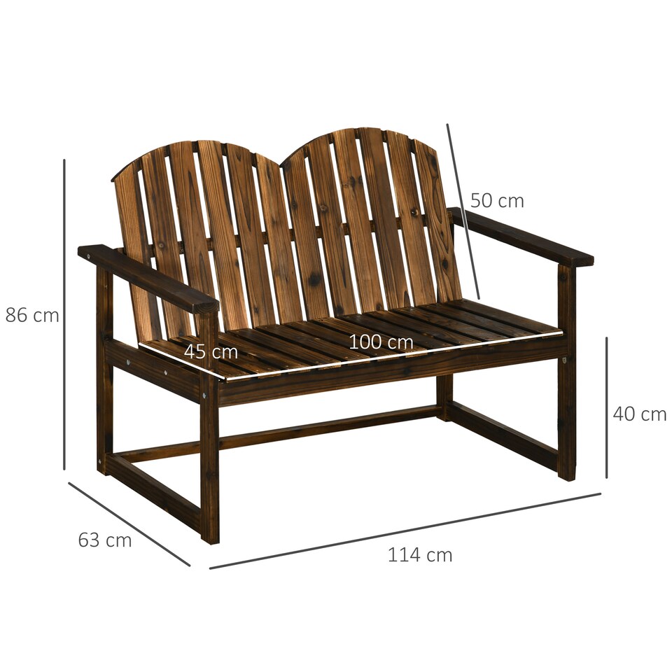 image 1 of Outsunny Outdoor Wooden Garden Bench, Patio Loveseat Chair with Slatted Backrest and Smooth Armrests for Two People, for Yard, Lawn, Porch, Carbonised Finish