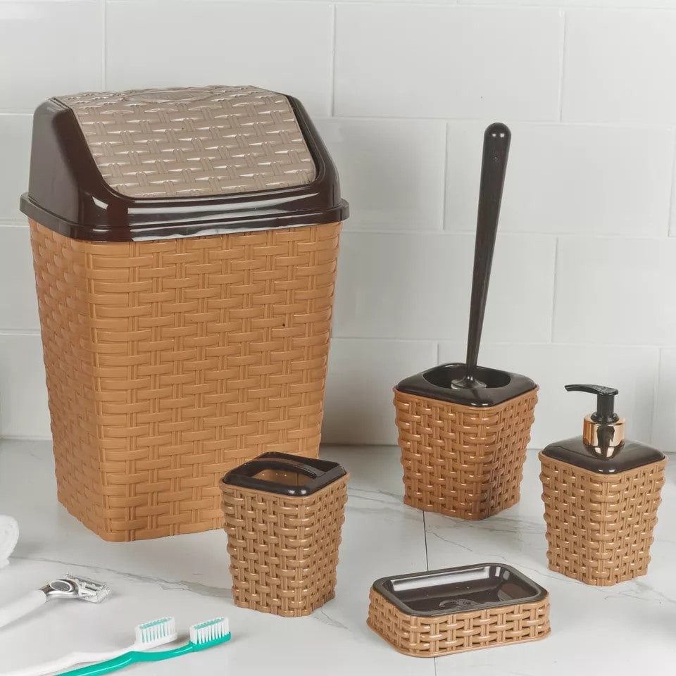 image 1 of 5-Pcs Violet Plastic Rattan Bathroom Set | Cream | 1