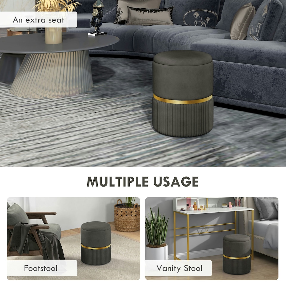 image 1 of HOMCOM Round Pouffe Storage Footstool with Cushioned Top Hidden Space Grey