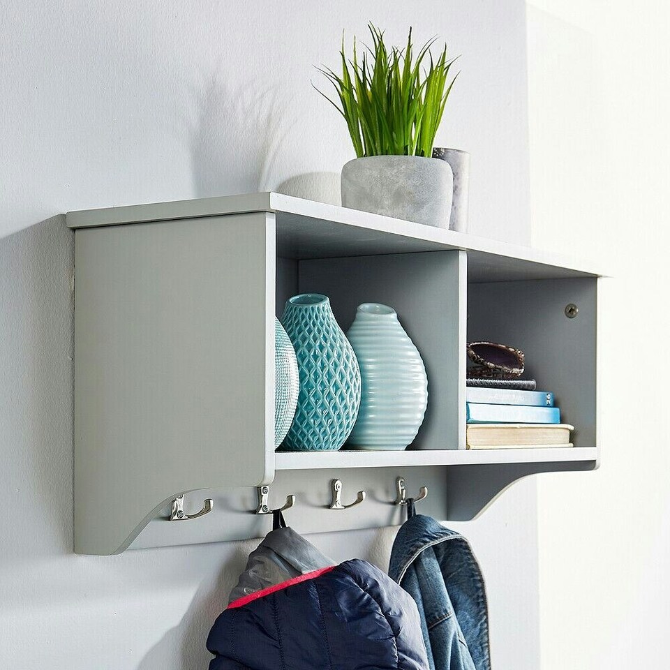image 1 of Coat Hook Wall Mounted Unit 2 Open Shelves 4 Robe Hooks Bathroom Hallway Grey