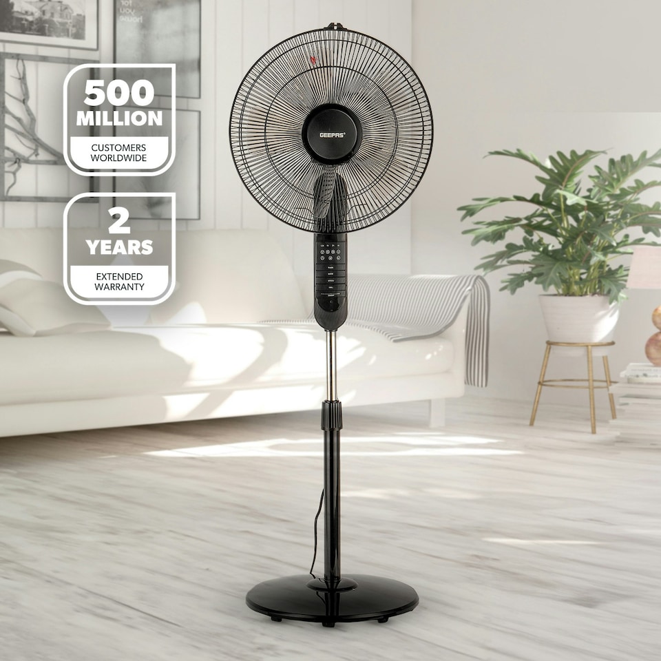 image 1 of GEEPAS 16’’ Pedestal Fan with Remote Control – 60W Free-Standing, Oscillating (Black)