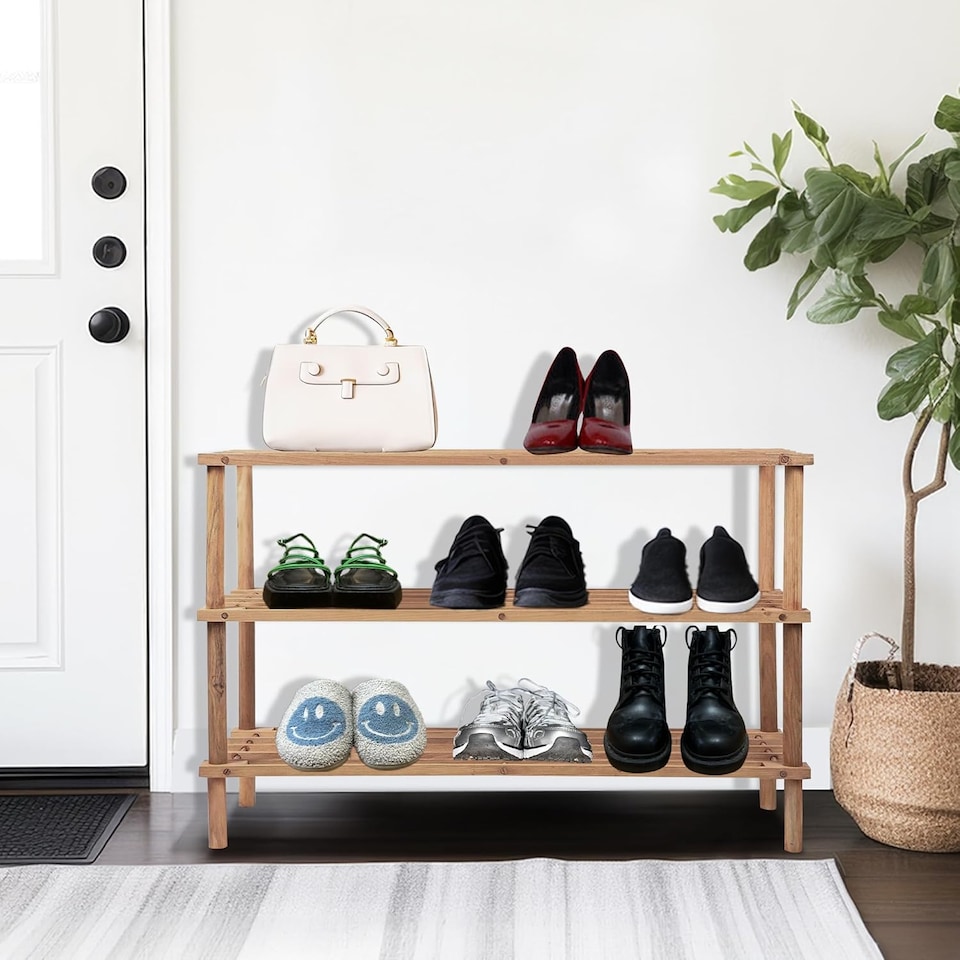 image 1 of 3 Tier Wooden Shoe Rack Footwear Storage Organiser Unit Shelf Natural