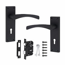 Golden Grace 1 Set Victorian Scroll Astrid Door Handles Lever Lock in Matt Black with 64mm 3 Lever Lock - 150mm x 40mm Backplate | Black | 1 Set