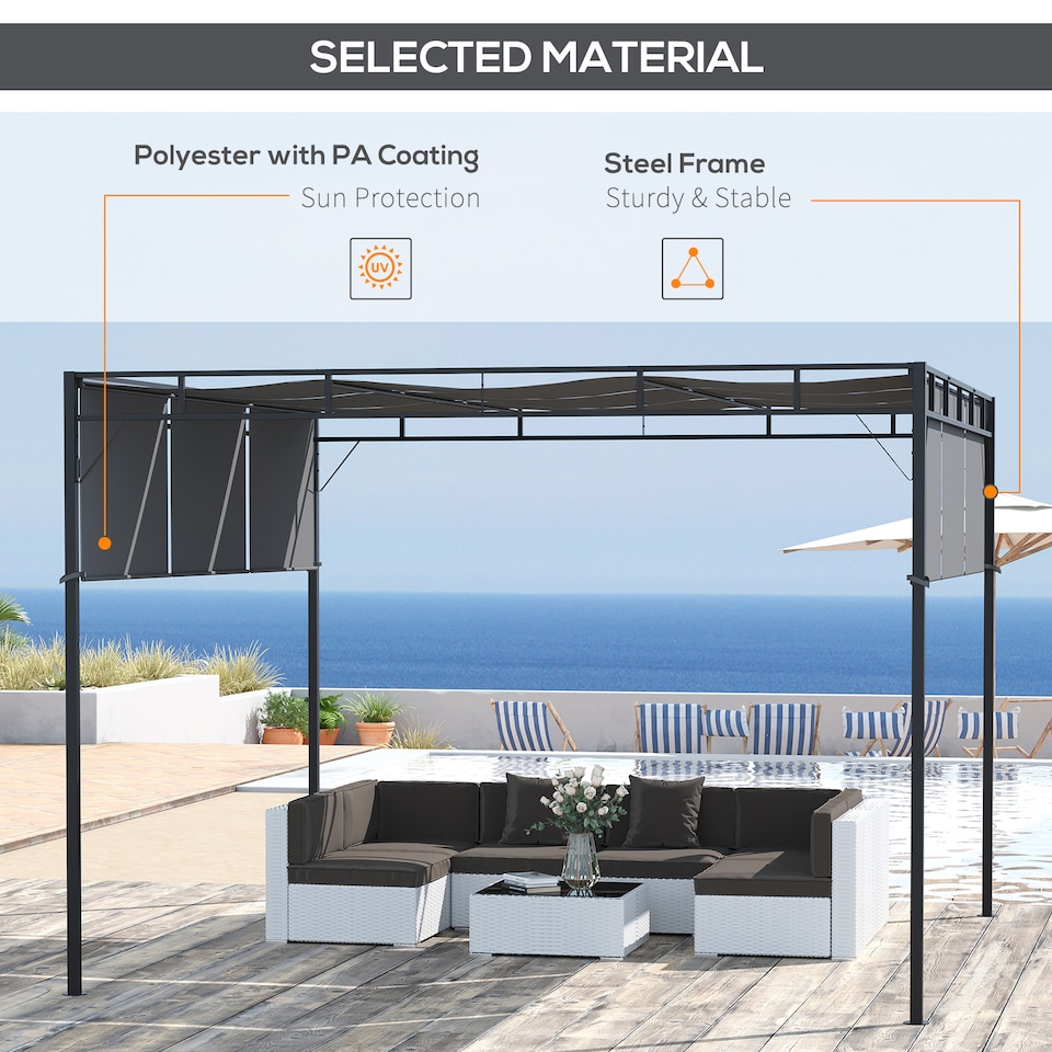 image 1 of Outsunny 3 x 3m Steel Pergola Gazebo with Sliding Roof, Garden Gazebo Canopy Sun Shade Shelter for Outdoor, Deck, Patio, Dark Grey