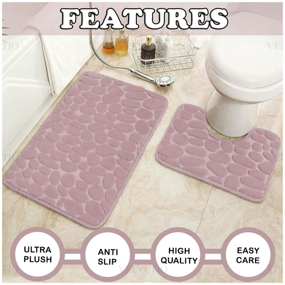 image 1 of VELVETIO 2Pc Pebble Bath Mat Set Memory Foam Bathroom Toilet Rugs Pink | Blush Pink