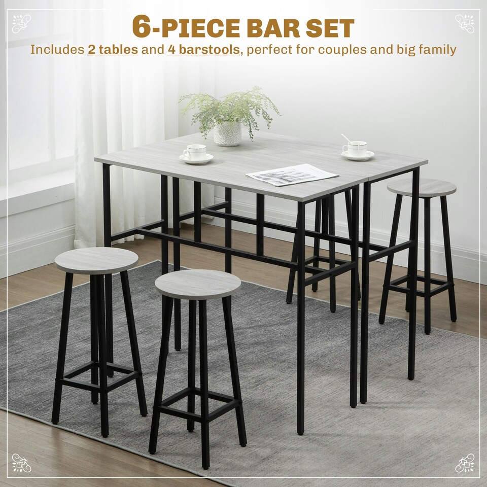 image 1 of HOMCOM 6-Piece Industrial Bar Table Set, 2 Kitchen Tables with 4 Stools, Grey