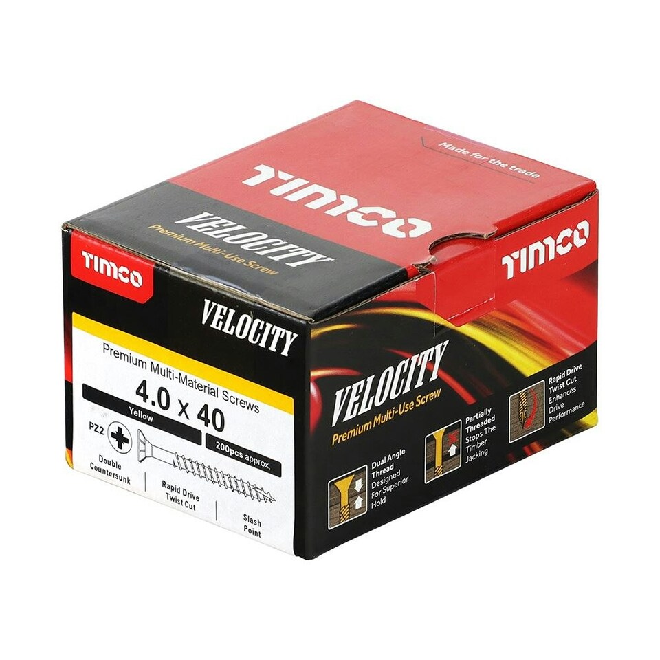 image 1 of Timco - Velocity Premium Multi-Use Screws - PZ - Double Countersunk - Yellow (Size 4.0 x 40 - 200 Pieces)