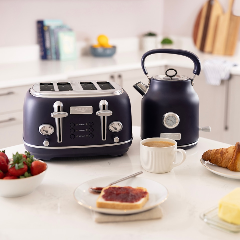 image 1 of Charles Bentley 1.7L Kettle & 4 Slice Toaster Matt Dark Blue and Silver
