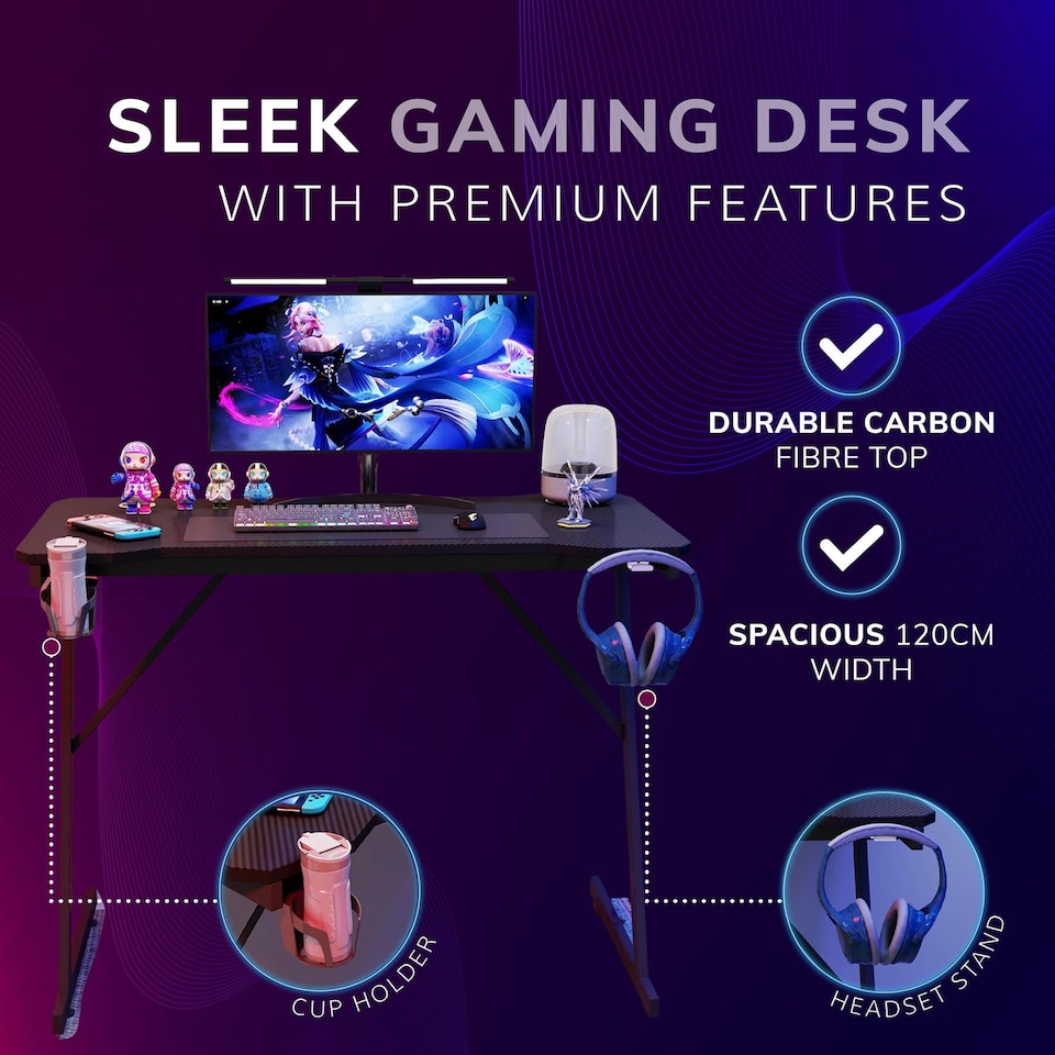 image 1 of House of Home Gaming Desk Carbon Fibre Finish Black 120cm Cup Holder, Headphone Hook | Black
