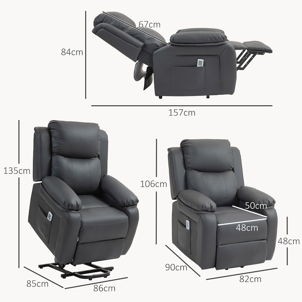image 1 of HOMCOM Riser and Recliner Chair with Massage, Power Lift Recliner Chair for Elderly with Remote Control, Extended Footrest, Dual Side Pockets, Overstuffed Electric Reclining Armchair, Dark Grey | Grey