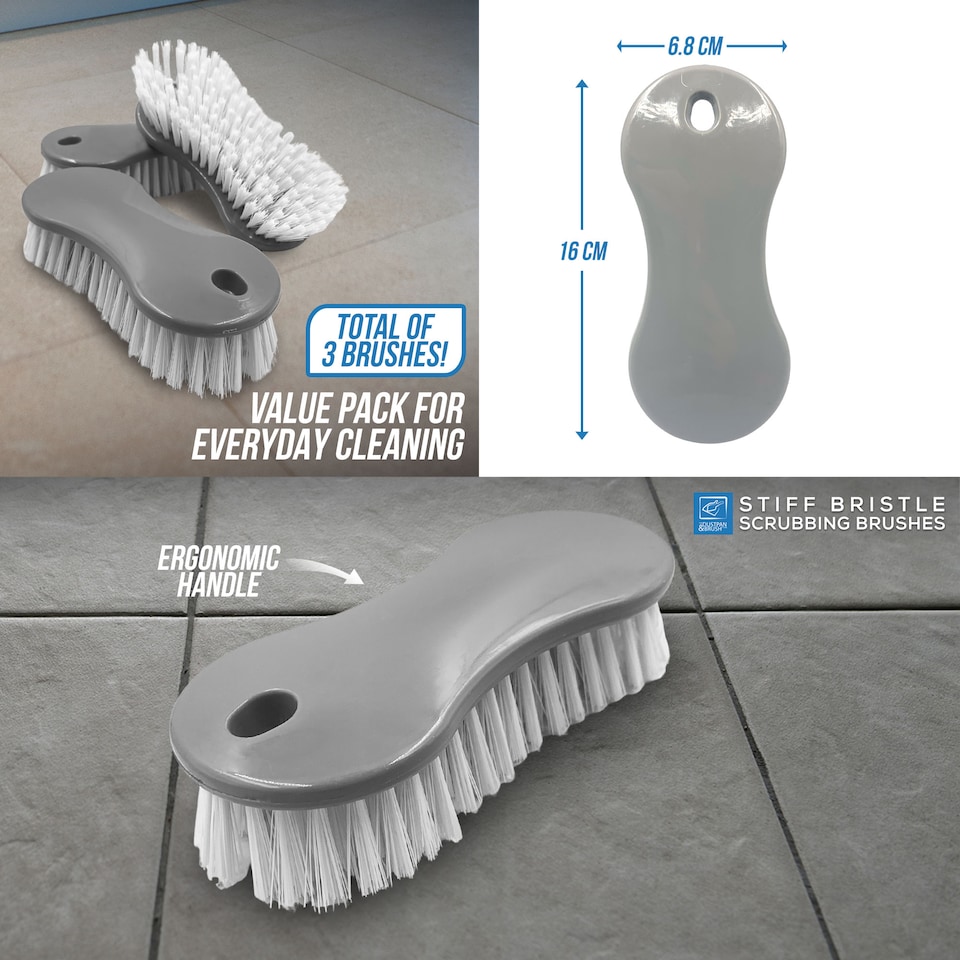 image 1 of Multi Surface Scrub Brushes Stiff Bristle Hand Brush for Floors, Carpets, Kitchen & Bathroom - Pack of 1 | Grey