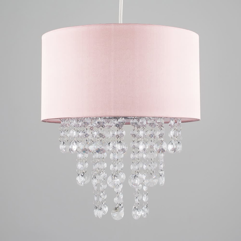 image 1 of ValueLights Pink Cylinder Ceiling Pendant Light Shade with Clear Acrylic Jewel Effect Droplets - Complete with a 10w LED GLS Bulb 3000K Warm White
