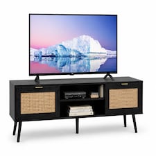 Modern Black Rattan TV Stand Cabinet with Two Cupboards and Shelves TV Unit - W150 x D40 x H52cm