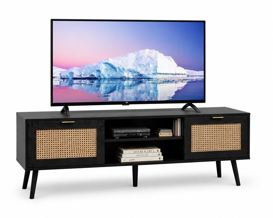 image 1 of Modern Black Rattan TV Stand Cabinet with Two Cupboards and Shelves TV Unit - W150 x D40 x H52cm