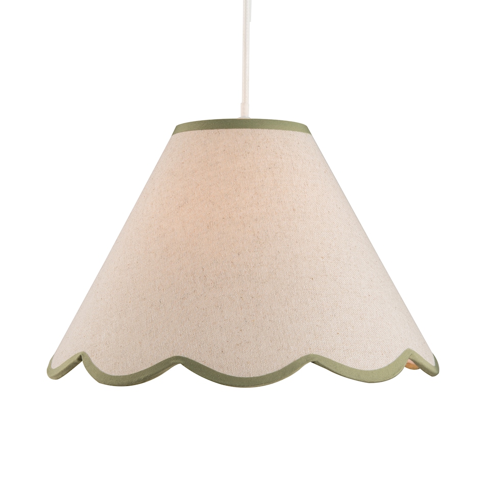 image 1 of Scallop Edge Natural Textured Linen Coolie Lamp Shade with Olive Trims | Green | 12"