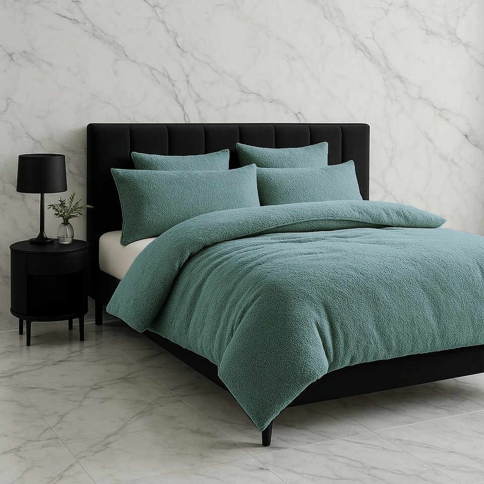image 1 of Teddy Bear Fleece Soft Cosy Duvet Cover + Pillow Case Set Blue | Teal | Super King