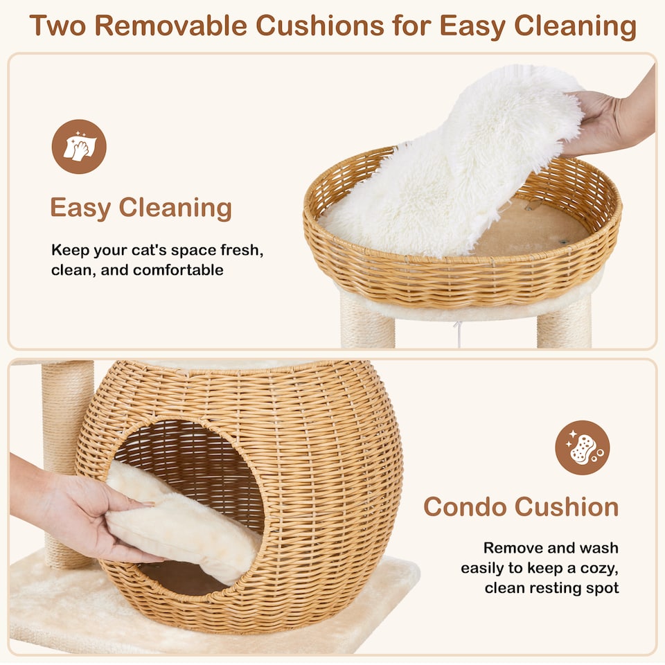 image 1 of Yaheetech 72cm Rattan Cat Tree with Sisal Scratching Post, Wicker Condo, Basket and Removable Soft Cushion, Cat Furniture for Small and Medium Cats, Beige