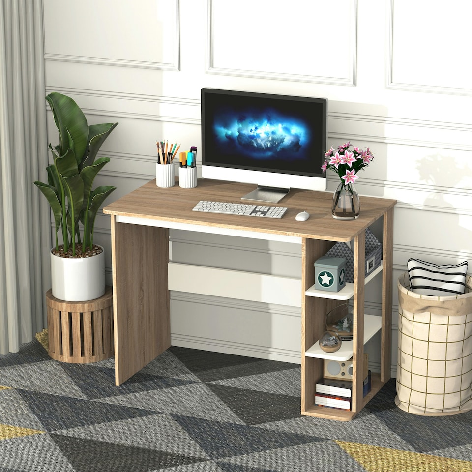 image 1 of HOMCOM Duo Work Desk & 3-Tier Side Shelves Wide Table Sturdy Frame