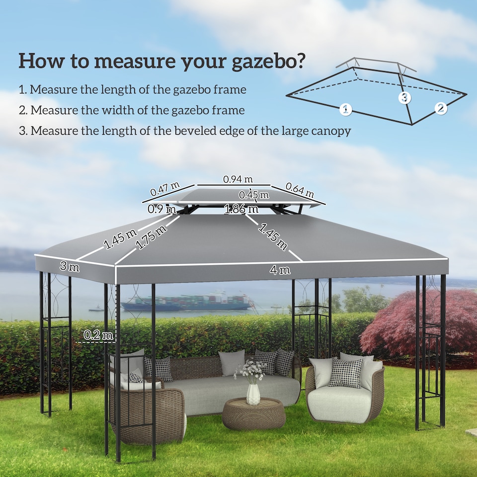 image 1 of Outsunny 3x4m Gazebo Canopy Replacement, 2 Tier Top Roof UV Cover Garden Patio Outdoor Sun Awning Shelters, Light Grey TOP COVER ONLY