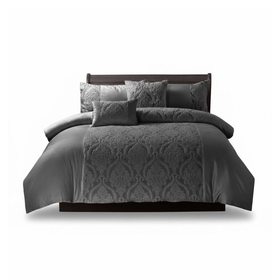 image 1 of Damask Velvet Border Duvet Cover Elegant Soft Touch Luxury Bedding | Grey | Single