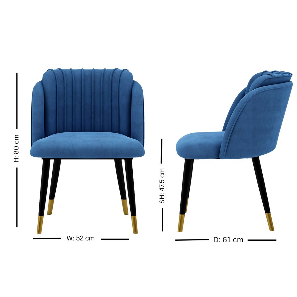 image 1 of Set of 2 Milano Velvet Dining Chairs with Stylish Ribbed Back Design, Black Metal Legs with Silver Tips | Blue | Gold End Tips