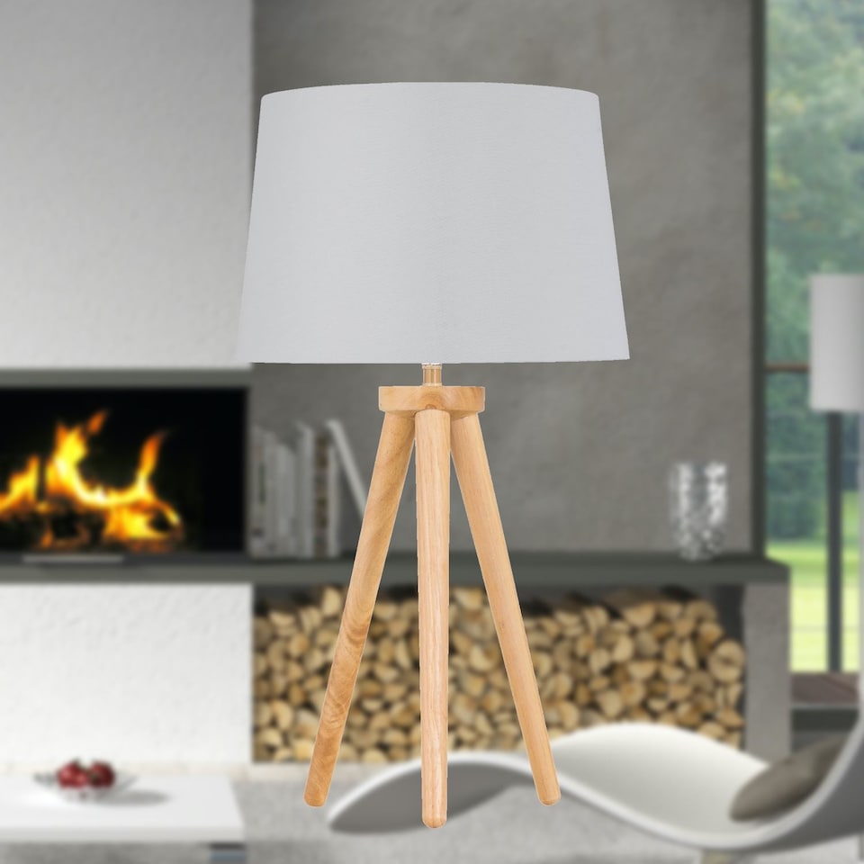 image 1 of Voyage - Light Oak Table Lamp Bedside Light with White & Silver Shade | Brown | White | Large | 1