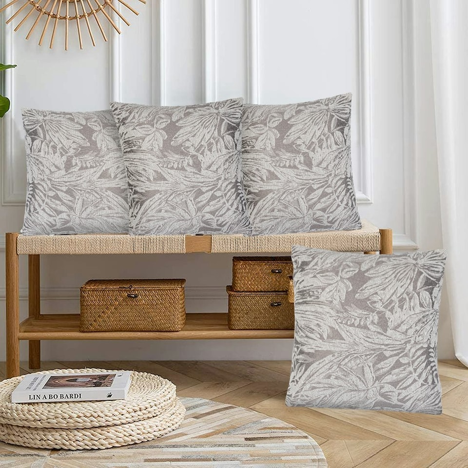 image 1 of Botanic Floral Soft Chenille 45cm x 45cm Silver Cushion Set of 4 | Silver | White | 45cm x 45cm x 10cm | 4