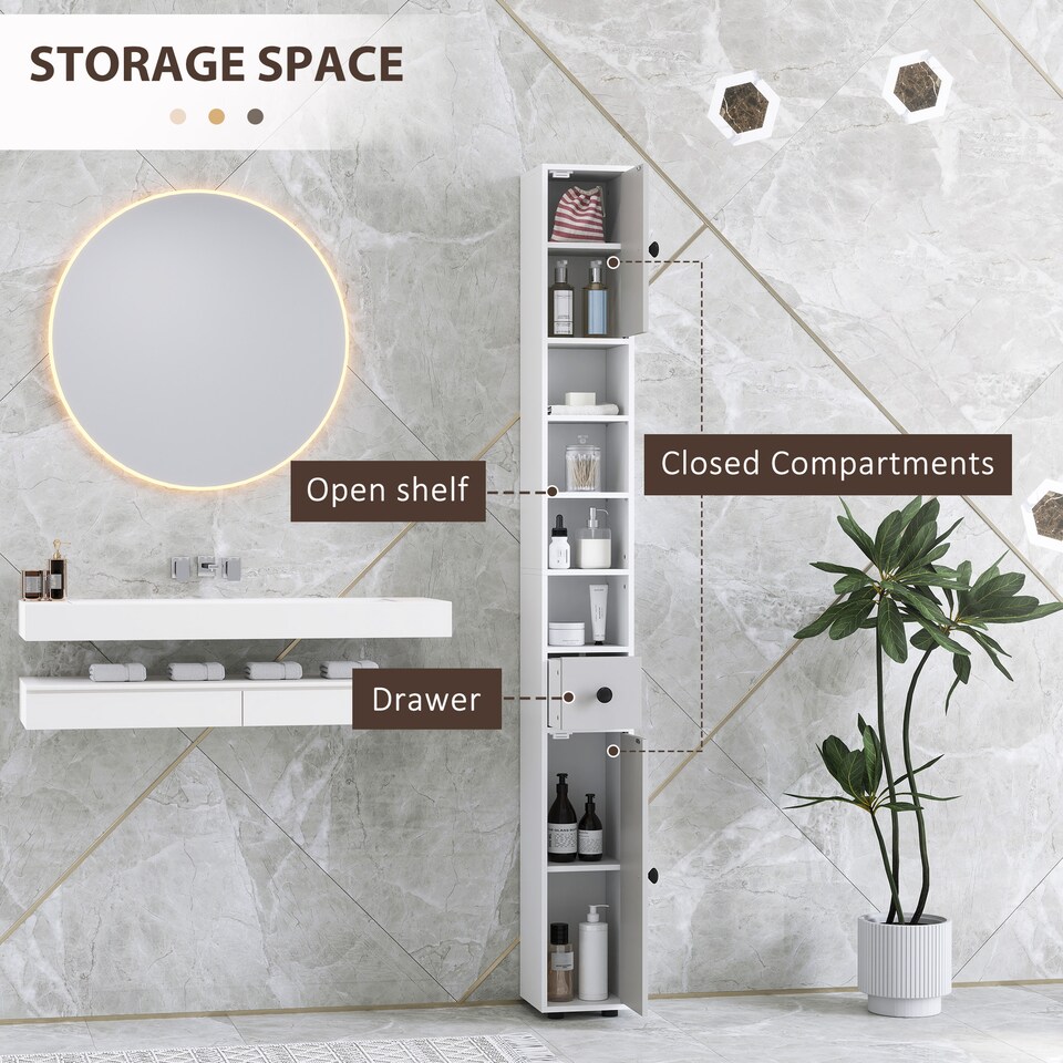 image 1 of kleankin Slim Bathroom Cabinet, Toilet Roll Storage w/ Shelves, Light Grey