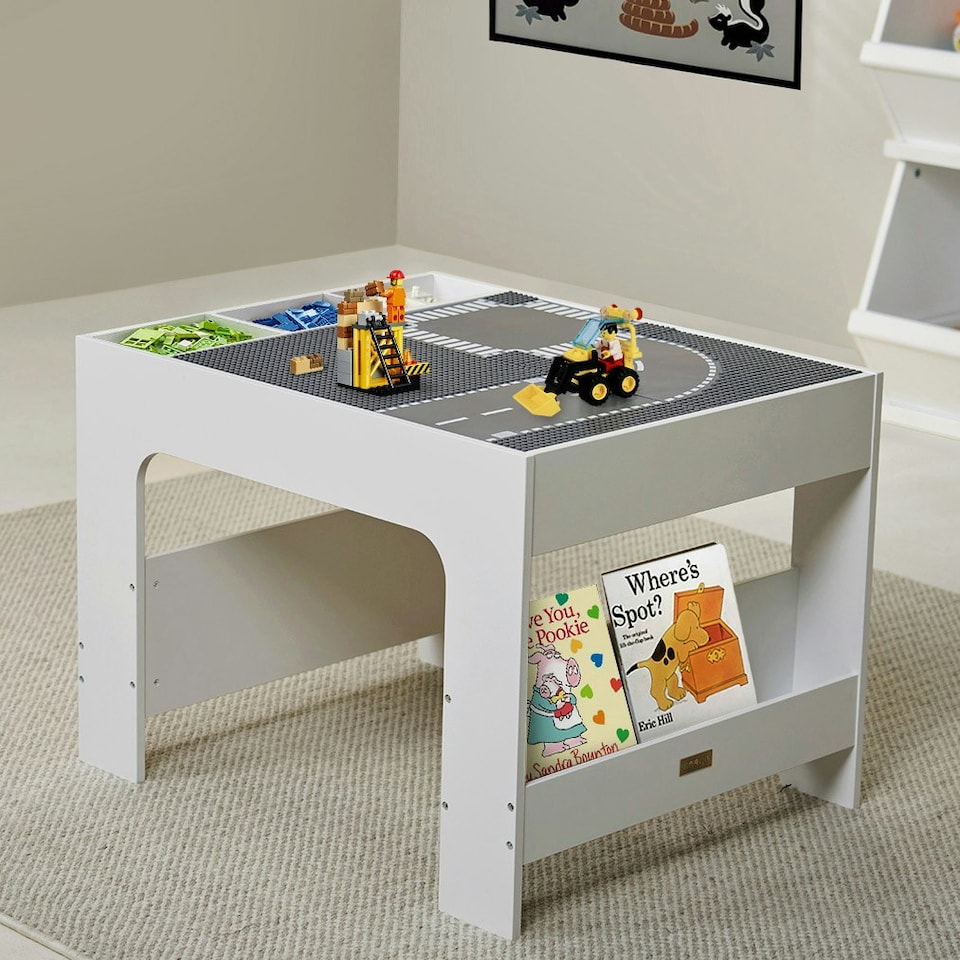 image 1 of Hooga Wooden Activity Table with Storage - 4 City Baseplates & Chalkboard Grey