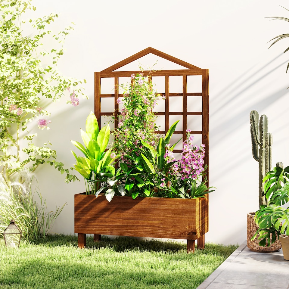 image 1 of Outsunny Wooden Garden Planters with Trellis for Vine Climbing Plants Brown | Brown | Brown