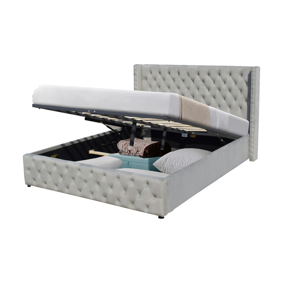 image 1 of 4ft6 Double Storage Bed Frame With Winged Headboard In Light Grey