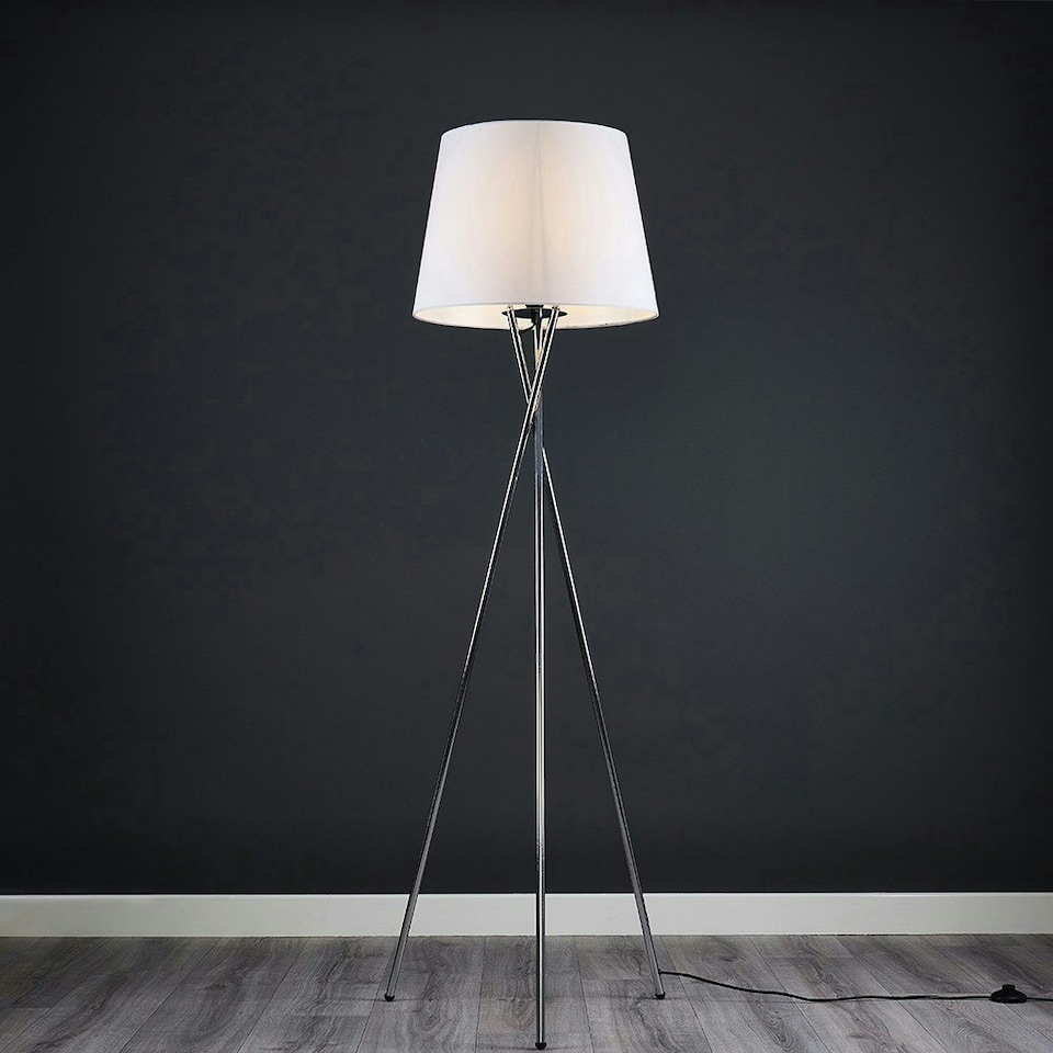 image 1 of ValueLights Camden Chrome Tripod Floor Lamp White Taper Shade & Bulb | White