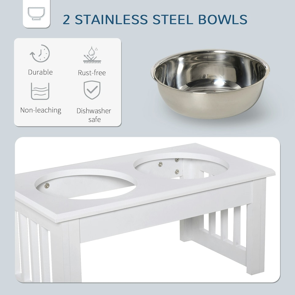 image 1 of PawHut Raised Dog Bowls Pet Feeder Raised Elevated Stainless Steel Food White
