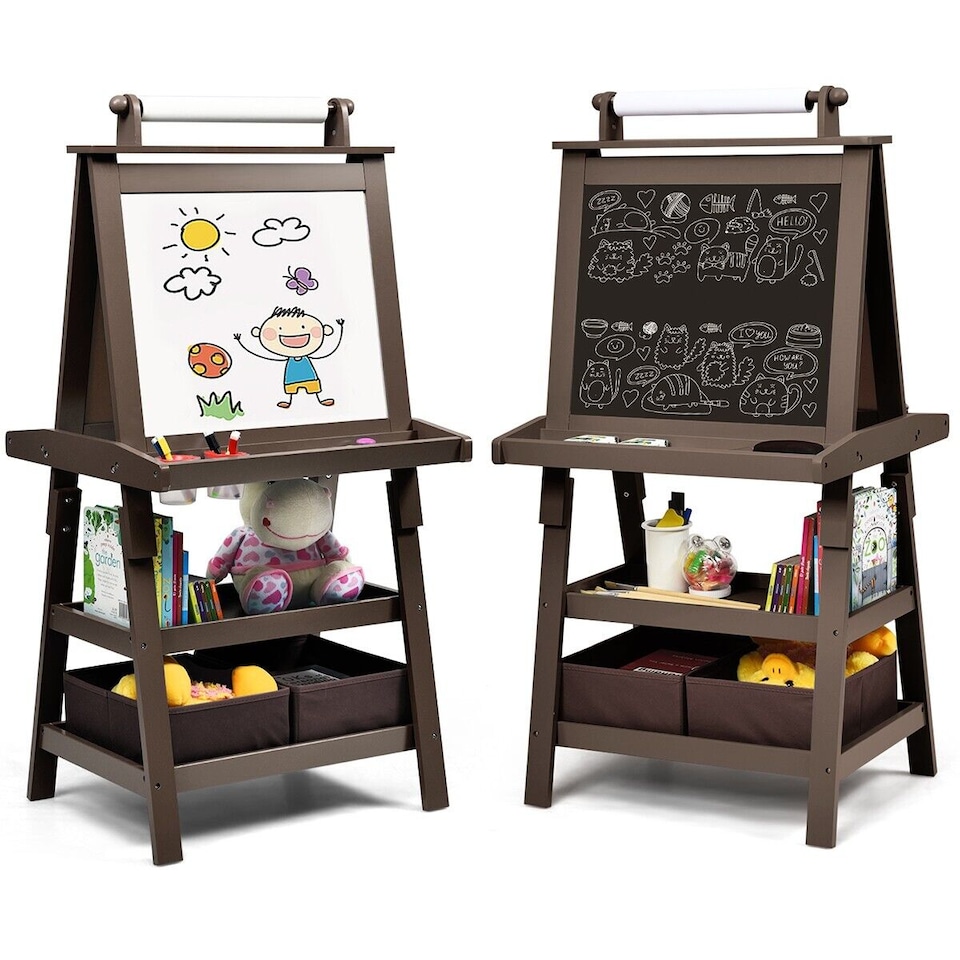 image 1 of COSTWAY 3 in 1 Kids Art Easel Double-Sided Blackboard Magnetic Whiteboard W/ Paper Roll