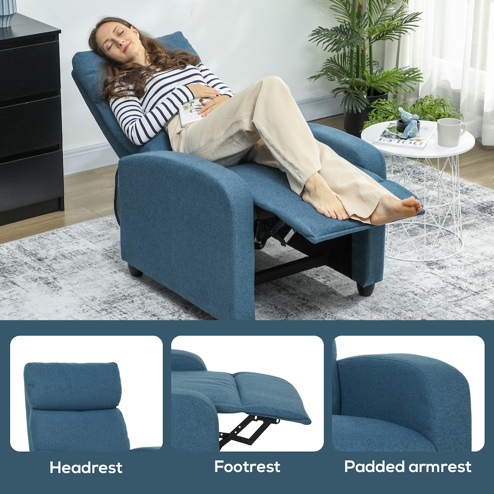 image 1 of HOMCOM Linen Fabric Reclining Chair with Padded Seat, Blue Blue