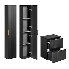 Bathroom Furniture Set Black 600mm Vanity Countertop Unit + Tallboy Ribbed Wall Floating Cabinets - Adel