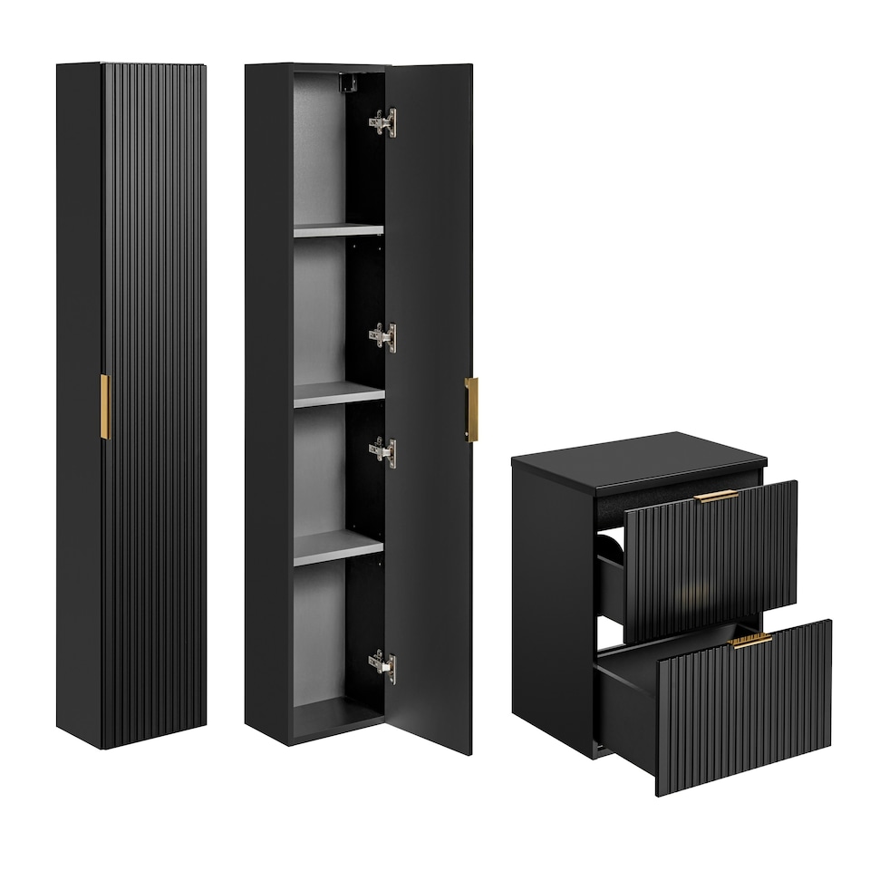 image 1 of Bathroom Furniture Set Black 600mm Vanity Countertop Unit + Tallboy Ribbed Wall Floating Cabinets - Adel