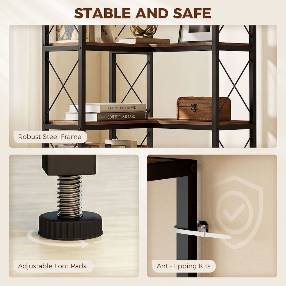 image 1 of HOMCOM L-Shaped Bookshelf, 5-Tier Bookcase with Metal Frame, Rustic Brown
