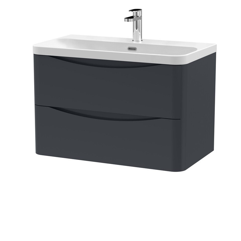 image 1 of Balterley Arch Modern Bathroom Wall Hung 2 Drawer Vanity Unit & Thin Edge Ceramic Basin | Grey | Satin Soft Black