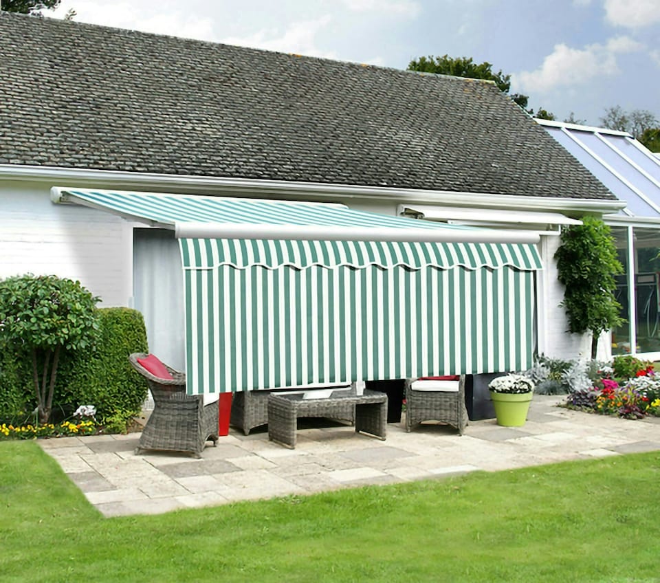 image 1 of Primrose 5m Dropdown Green and White Awning Valance 1m Drop | Green | Green and White Stripe | 1