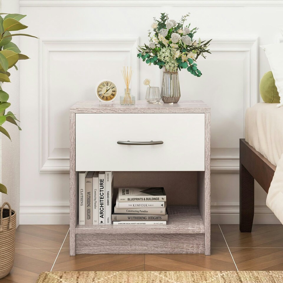 image 1 of COSTWAY Bedroom Nightstand 3-Tier Table w/Drawer Light Grey Grey