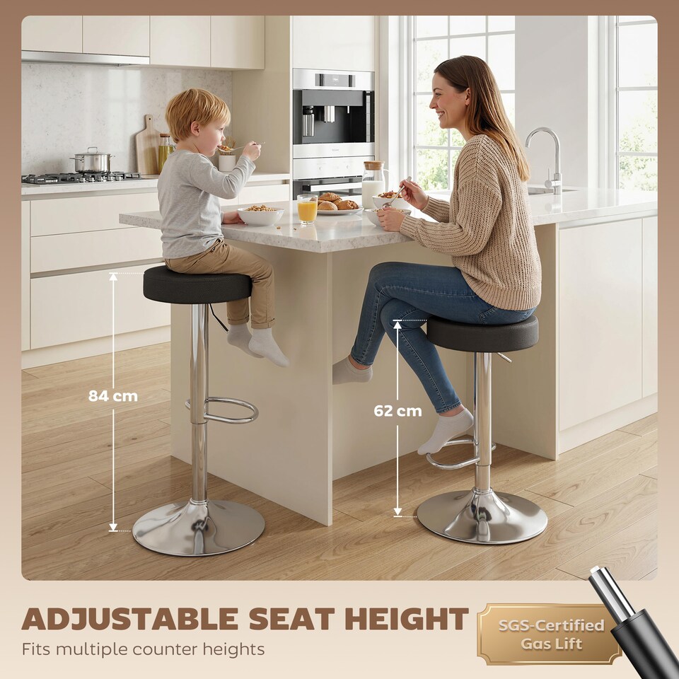 image 1 of HOMCOM Bar Stools Set of 2, Height Adjustable Breakfast Bar Chairs | Black | Black | 38.5 x 38.5 x 62-84 cm