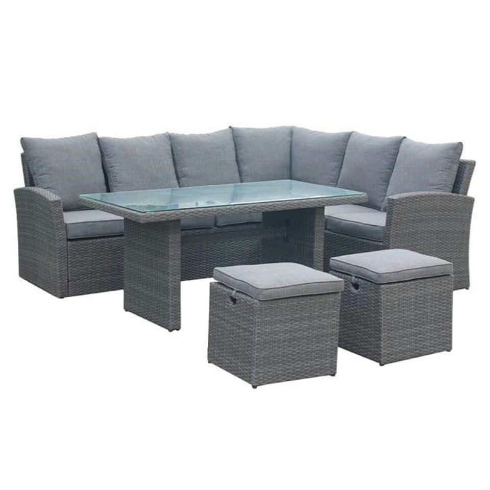 image 1 of 8 Seater 5 Piece Corner Dining Set - 3 Seater Sofa - 2 Seater + 2 Armrests, 2 Foot Stools with Rectangular Table + Cushions