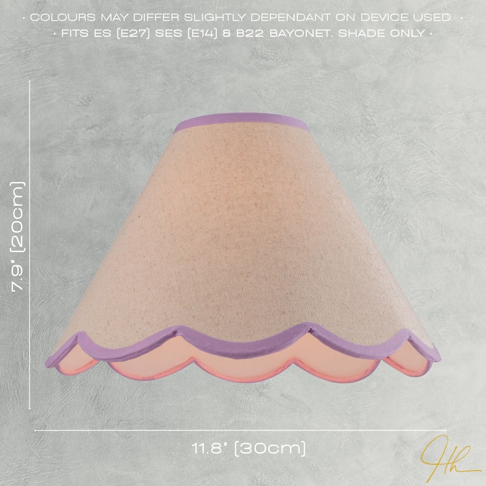image 1 of Scallop Edge Natural Textured Linen Coolie Lamp Shade with Lilac Trims | Purple | Lilac | 1